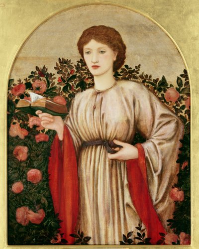 Fille avec un livre avec des roses derrière - Edward Burne Jones